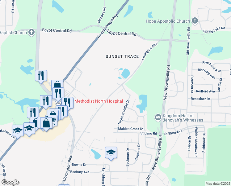 map of restaurants, bars, coffee shops, grocery stores, and more near 4017 Sunset Lake Lane in Memphis