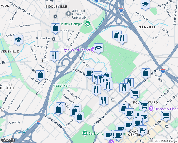 map of restaurants, bars, coffee shops, grocery stores, and more near 1010 West Trade Street in Charlotte