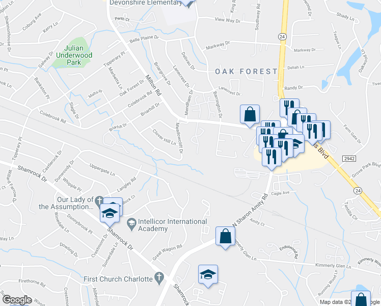 map of restaurants, bars, coffee shops, grocery stores, and more near in Charlotte