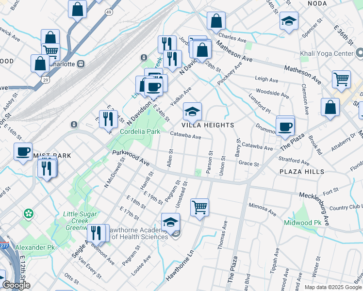 map of restaurants, bars, coffee shops, grocery stores, and more near 1901 Pegram Street in Charlotte