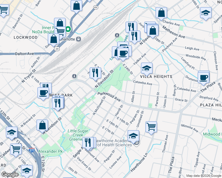 map of restaurants, bars, coffee shops, grocery stores, and more near 801 Parkwood Avenue in Charlotte