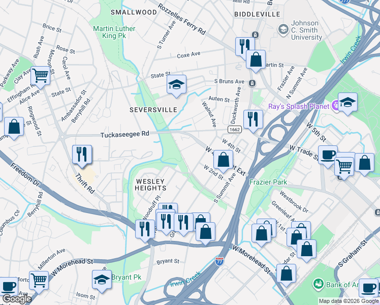 map of restaurants, bars, coffee shops, grocery stores, and more near 428 Walnut Avenue in Charlotte