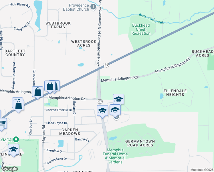 map of restaurants, bars, coffee shops, grocery stores, and more near 8119 Memphis Arlington Road in Memphis
