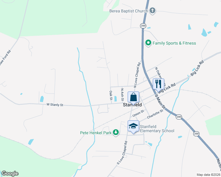 map of restaurants, bars, coffee shops, grocery stores, and more near 251 Oak Street in Stanfield