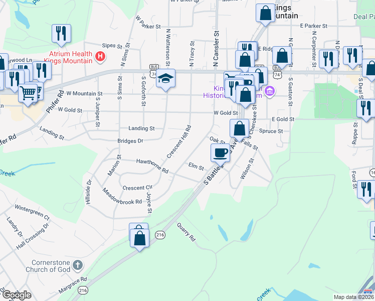 map of restaurants, bars, coffee shops, grocery stores, and more near 414 South Cansler Street in Kings Mountain