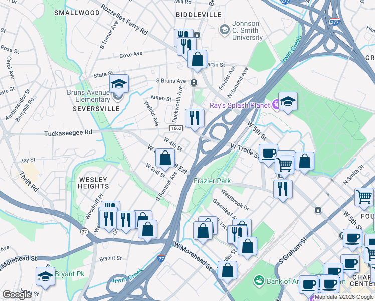 map of restaurants, bars, coffee shops, grocery stores, and more near 128 South Summit Avenue in Charlotte