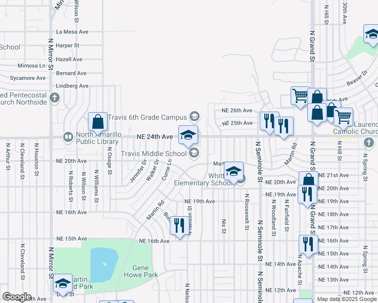 map of restaurants, bars, coffee shops, grocery stores, and more near 2815 Martin Road in Amarillo