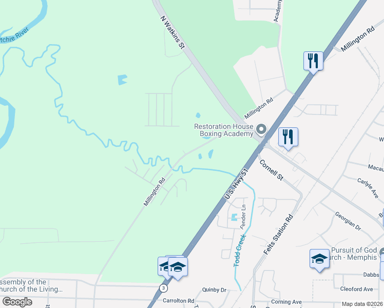 map of restaurants, bars, coffee shops, grocery stores, and more near 402 Millington Road in Memphis