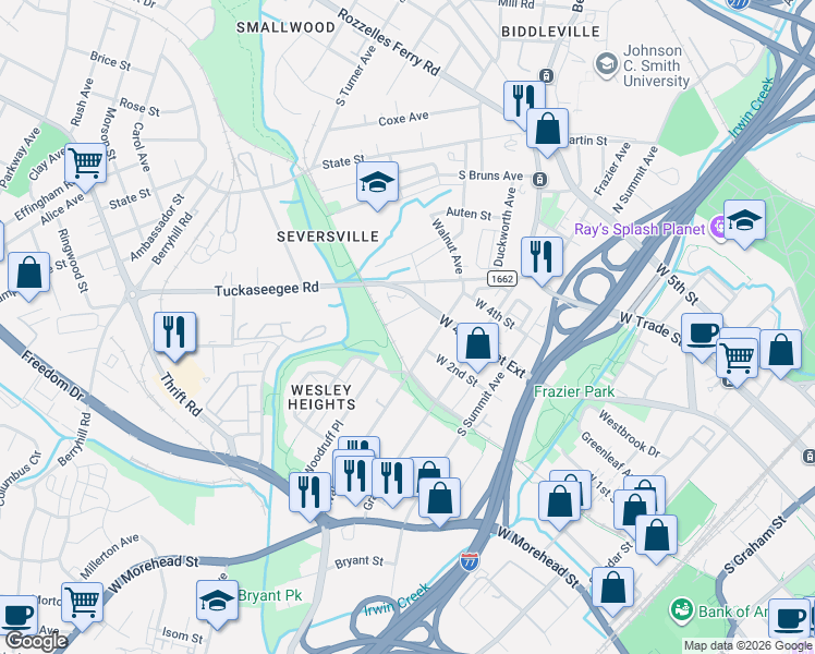 map of restaurants, bars, coffee shops, grocery stores, and more near 428 Walnut Avenue in Charlotte