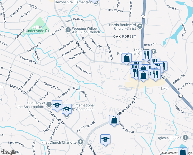 map of restaurants, bars, coffee shops, grocery stores, and more near 7136 Village Green Drive in Charlotte