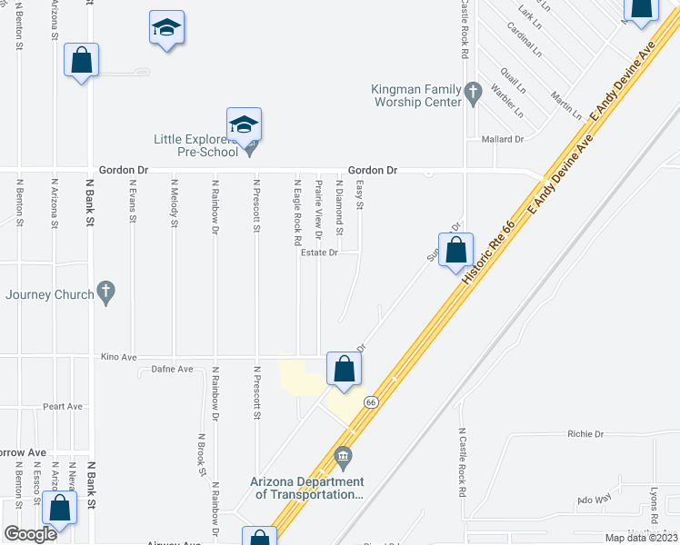 map of restaurants, bars, coffee shops, grocery stores, and more near 3853 North Diamond Street in Kingman