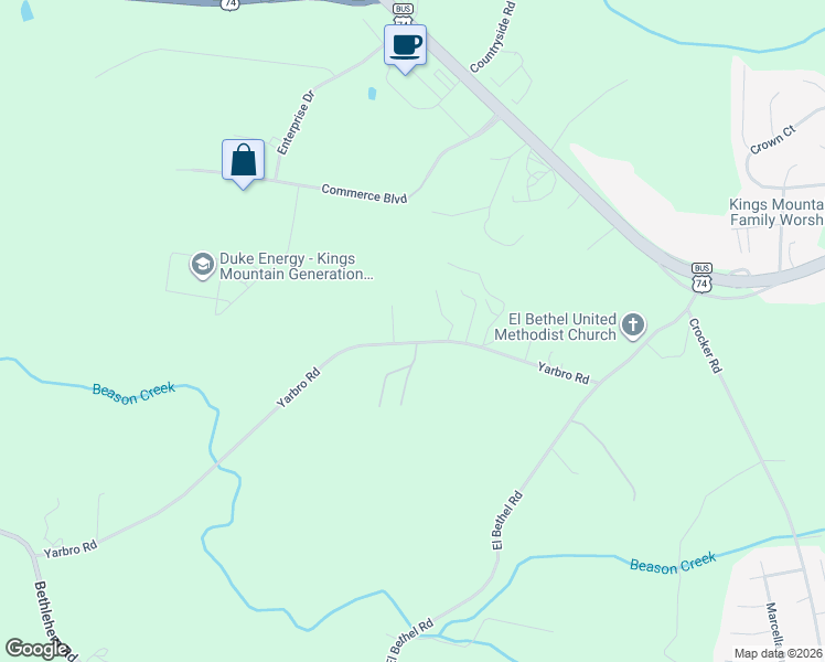map of restaurants, bars, coffee shops, grocery stores, and more near 144 Yarbro Road in Kings Mountain