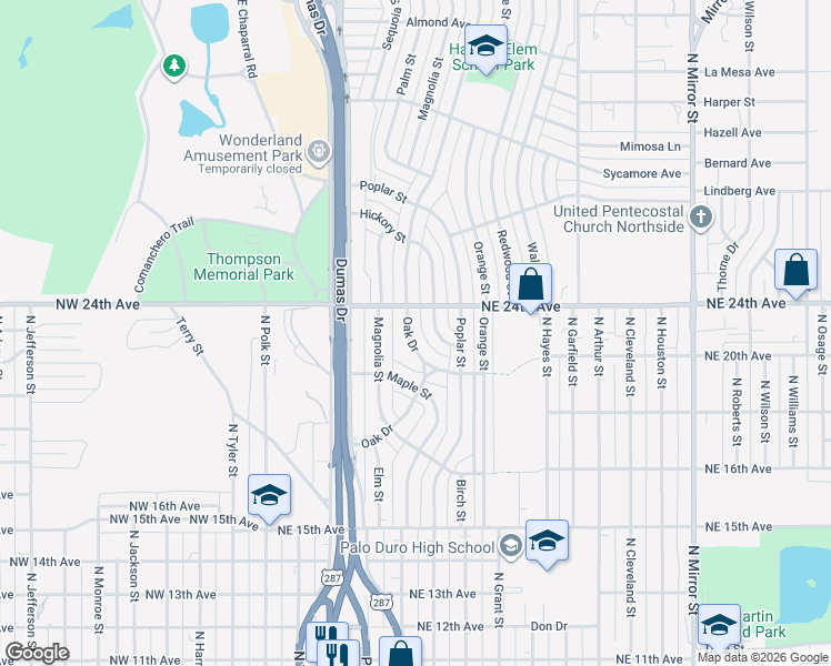 map of restaurants, bars, coffee shops, grocery stores, and more near 2021-2023 Oak Drive in Amarillo