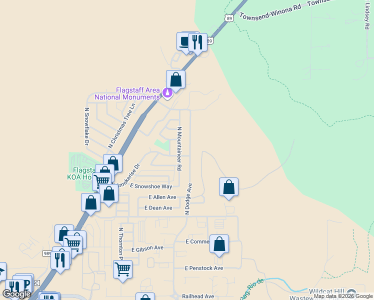 map of restaurants, bars, coffee shops, grocery stores, and more near 6080 North Dodge Avenue in Flagstaff