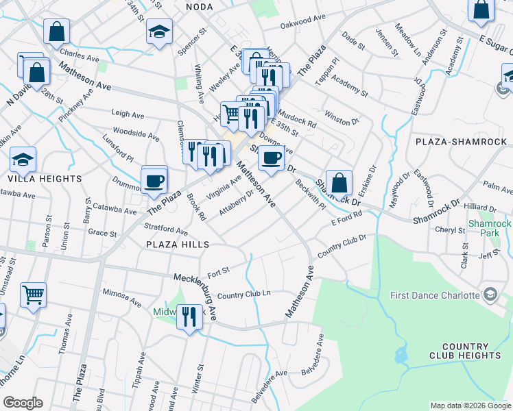 map of restaurants, bars, coffee shops, grocery stores, and more near in Charlotte