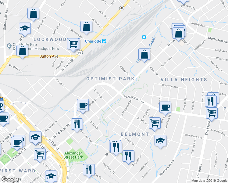 map of restaurants, bars, coffee shops, grocery stores, and more near 1601 North Davidson Street in Charlotte