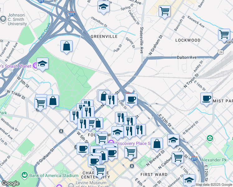 map of restaurants, bars, coffee shops, grocery stores, and more near 330 West 10th Street in Charlotte