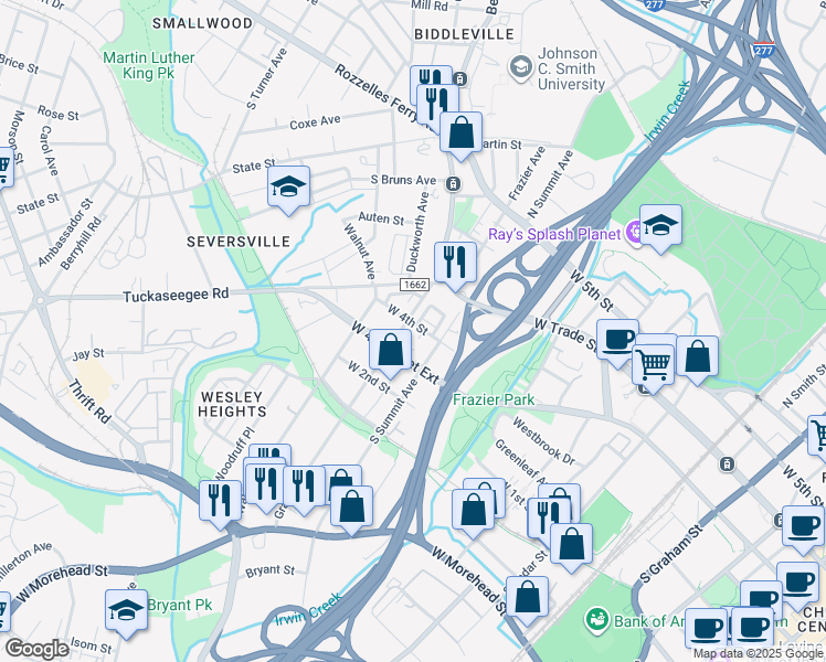 map of restaurants, bars, coffee shops, grocery stores, and more near 221 Grandin Road in Charlotte