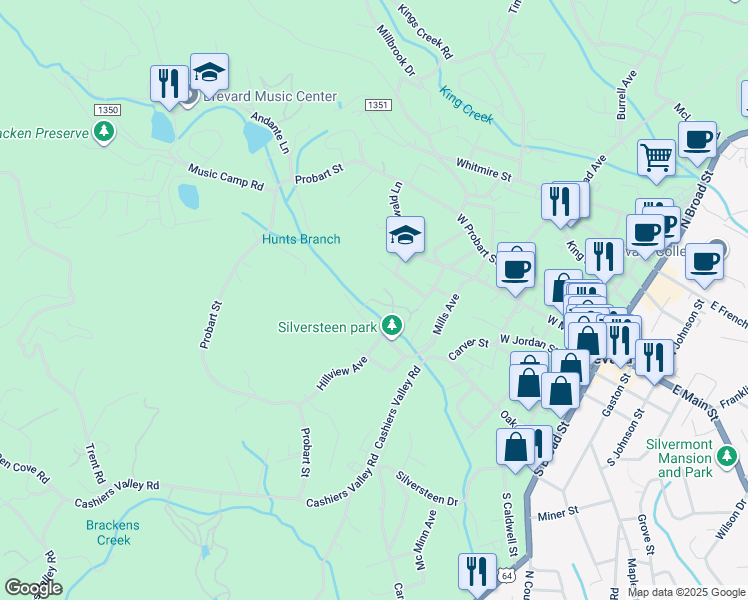 map of restaurants, bars, coffee shops, grocery stores, and more near Rout Drive in Brevard