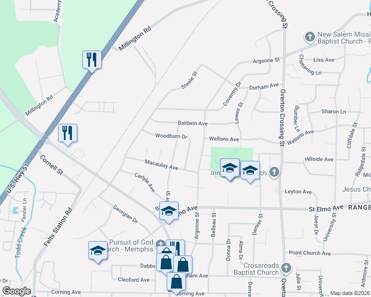 map of restaurants, bars, coffee shops, grocery stores, and more near 4010 Woodburn Drive in Memphis
