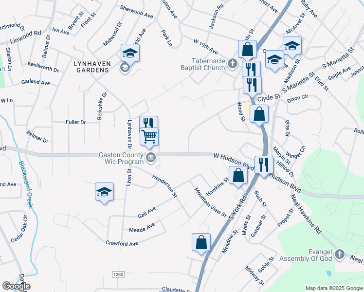 map of restaurants, bars, coffee shops, grocery stores, and more near 710 West Hudson Boulevard in Gastonia