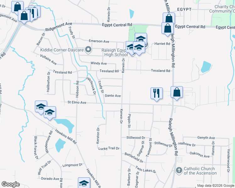 map of restaurants, bars, coffee shops, grocery stores, and more near 3885 Dante Avenue in Memphis