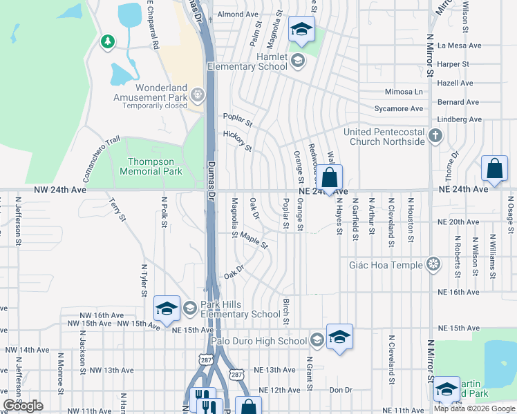 map of restaurants, bars, coffee shops, grocery stores, and more near 2021-2023 Oak Drive in Amarillo