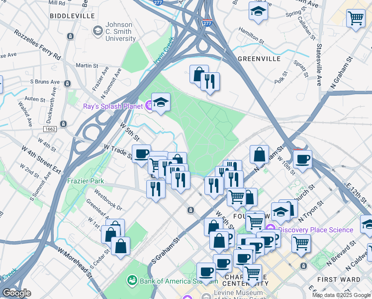 map of restaurants, bars, coffee shops, grocery stores, and more near 233 North Cedar Street in Charlotte