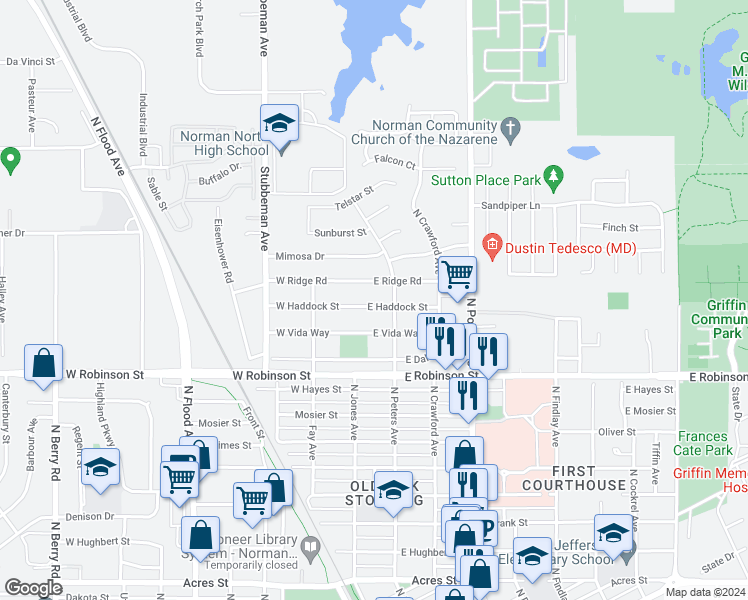 map of restaurants, bars, coffee shops, grocery stores, and more near 109 East Haddock Street in Norman