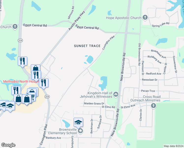 map of restaurants, bars, coffee shops, grocery stores, and more near 5350 Meegan Drive in Memphis