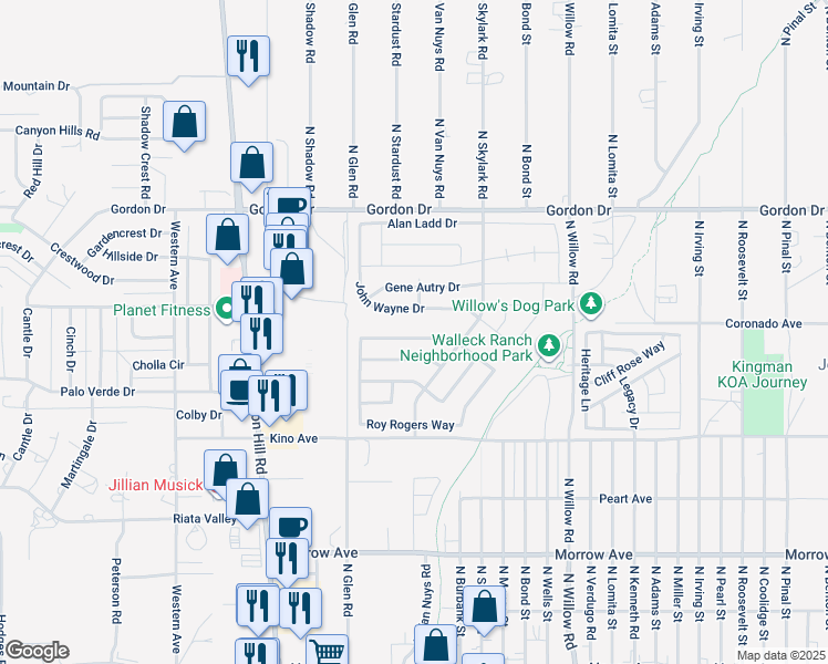 map of restaurants, bars, coffee shops, grocery stores, and more near 2021 Will Rogers Way in Kingman