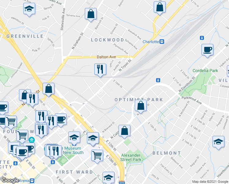 map of restaurants, bars, coffee shops, grocery stores, and more near 1216 North Tryon Street in Charlotte