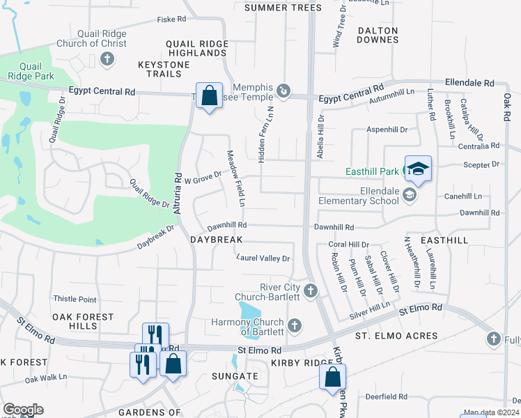 map of restaurants, bars, coffee shops, grocery stores, and more near 6678 Shady Ridge Cove in Bartlett