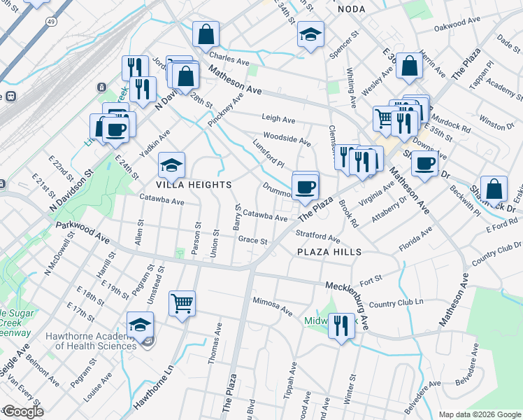 map of restaurants, bars, coffee shops, grocery stores, and more near 2421 Lola Avenue in Charlotte