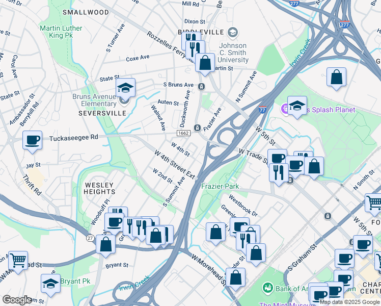 map of restaurants, bars, coffee shops, grocery stores, and more near 201 South Summit Avenue in Charlotte