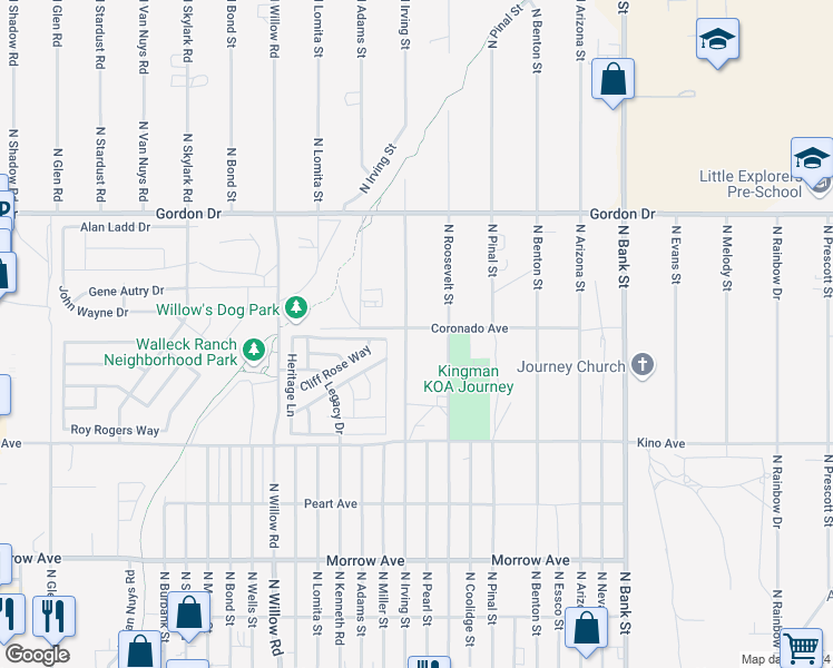 map of restaurants, bars, coffee shops, grocery stores, and more near 3846 North Irving Street in Kingman