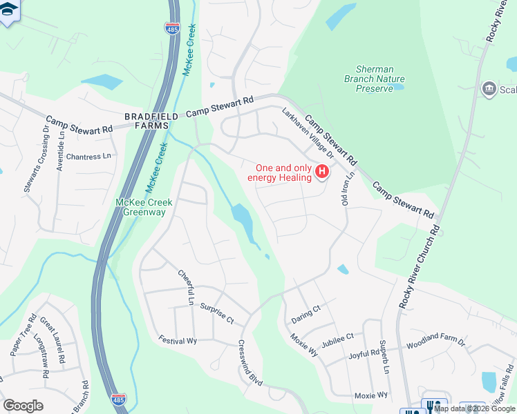 map of restaurants, bars, coffee shops, grocery stores, and more near 4801 Camp Stewart Rd in Charlotte