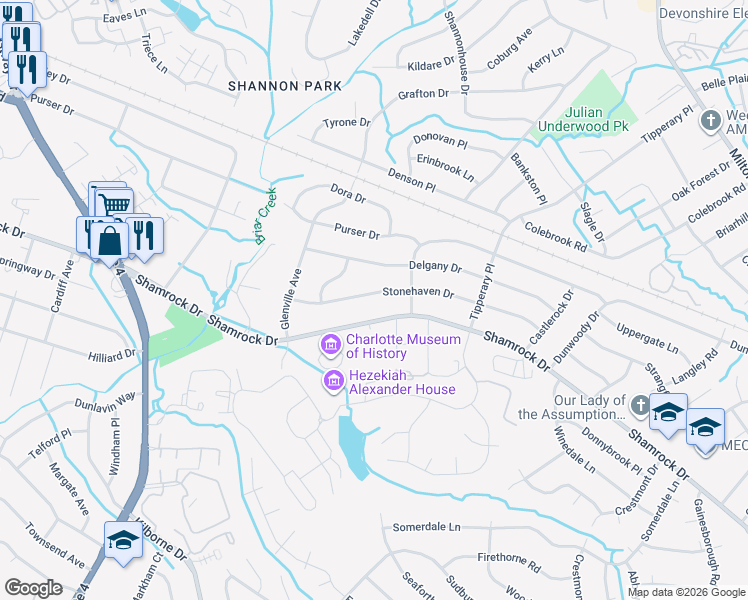 map of restaurants, bars, coffee shops, grocery stores, and more near 3615 Shamrock Drive in Charlotte