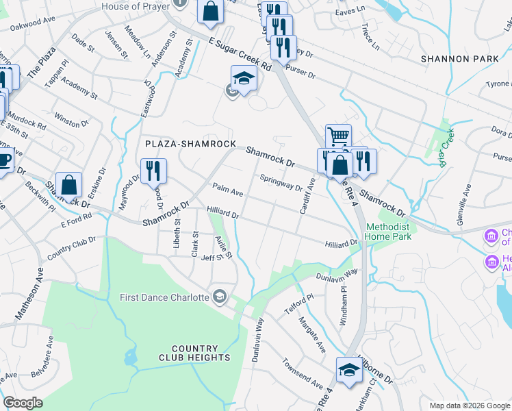 map of restaurants, bars, coffee shops, grocery stores, and more near in Charlotte