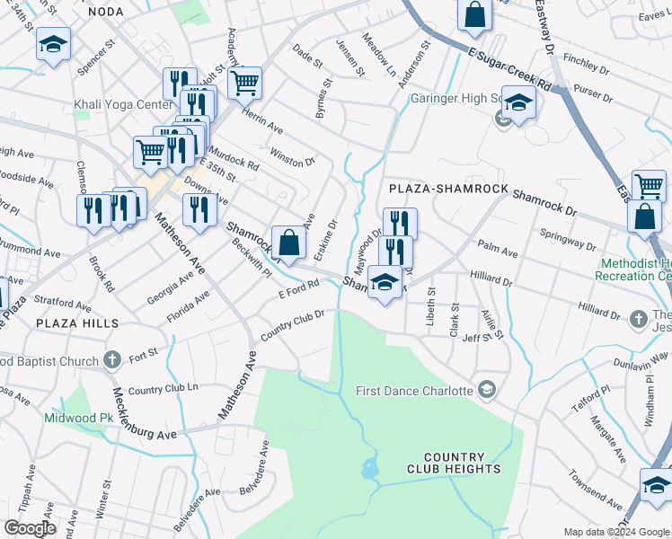 map of restaurants, bars, coffee shops, grocery stores, and more near in Charlotte