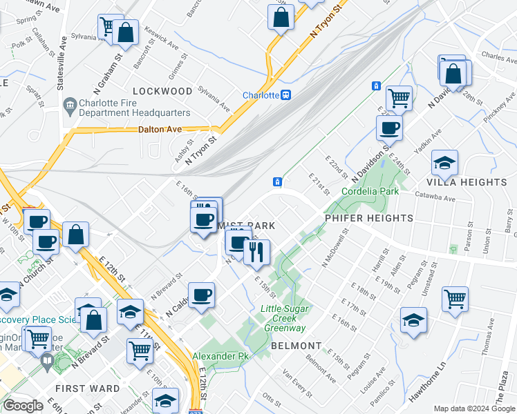 map of restaurants, bars, coffee shops, grocery stores, and more near 413 East 17th Street in Charlotte