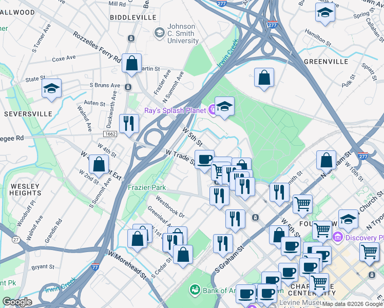 map of restaurants, bars, coffee shops, grocery stores, and more near in Charlotte
