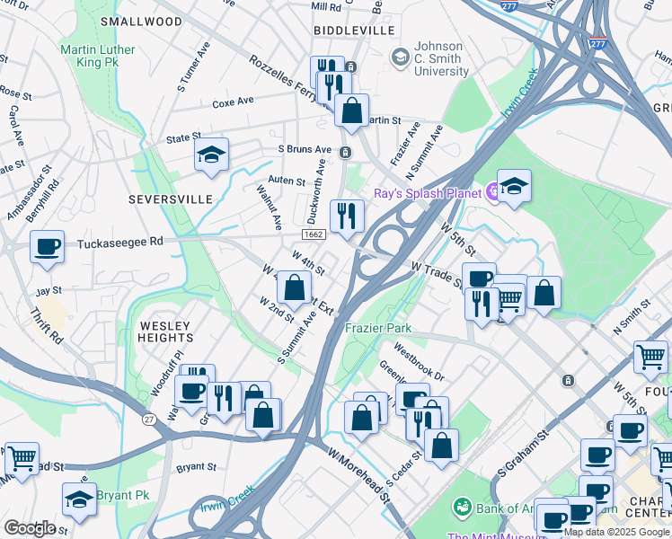 map of restaurants, bars, coffee shops, grocery stores, and more near 201 South Summit Avenue in Charlotte