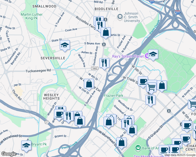 map of restaurants, bars, coffee shops, grocery stores, and more near 201 South Summit Avenue in Charlotte