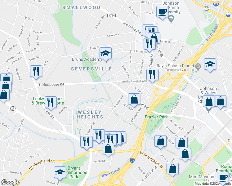 map of restaurants, bars, coffee shops, grocery stores, and more near 428 Walnut Avenue in Charlotte