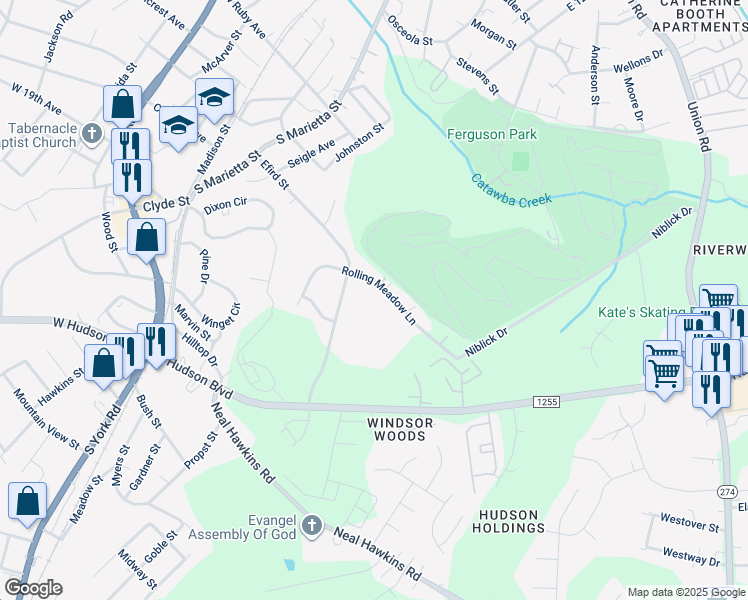 map of restaurants, bars, coffee shops, grocery stores, and more near 1668 Greenview Drive in Gastonia