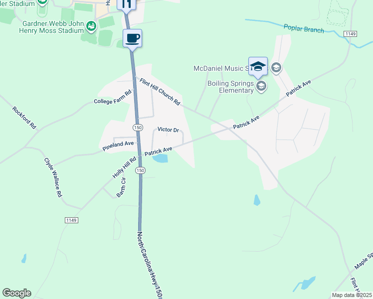 map of restaurants, bars, coffee shops, grocery stores, and more near 1619 Patrick Avenue in Shelby