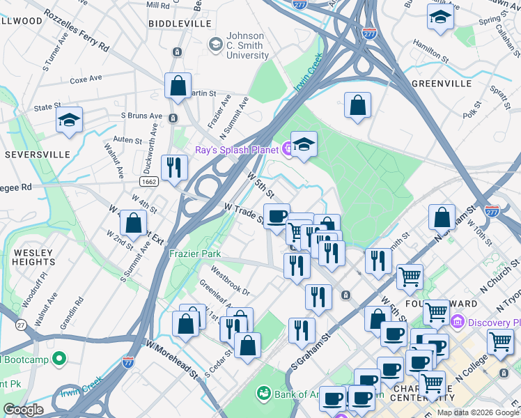 map of restaurants, bars, coffee shops, grocery stores, and more near in Charlotte