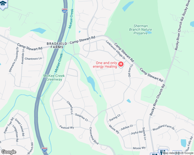 map of restaurants, bars, coffee shops, grocery stores, and more near 4801 Camp Stewart Rd in Charlotte