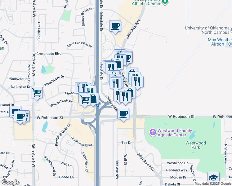 map of restaurants, bars, coffee shops, grocery stores, and more near 1400 24th Avenue Northwest in Norman
